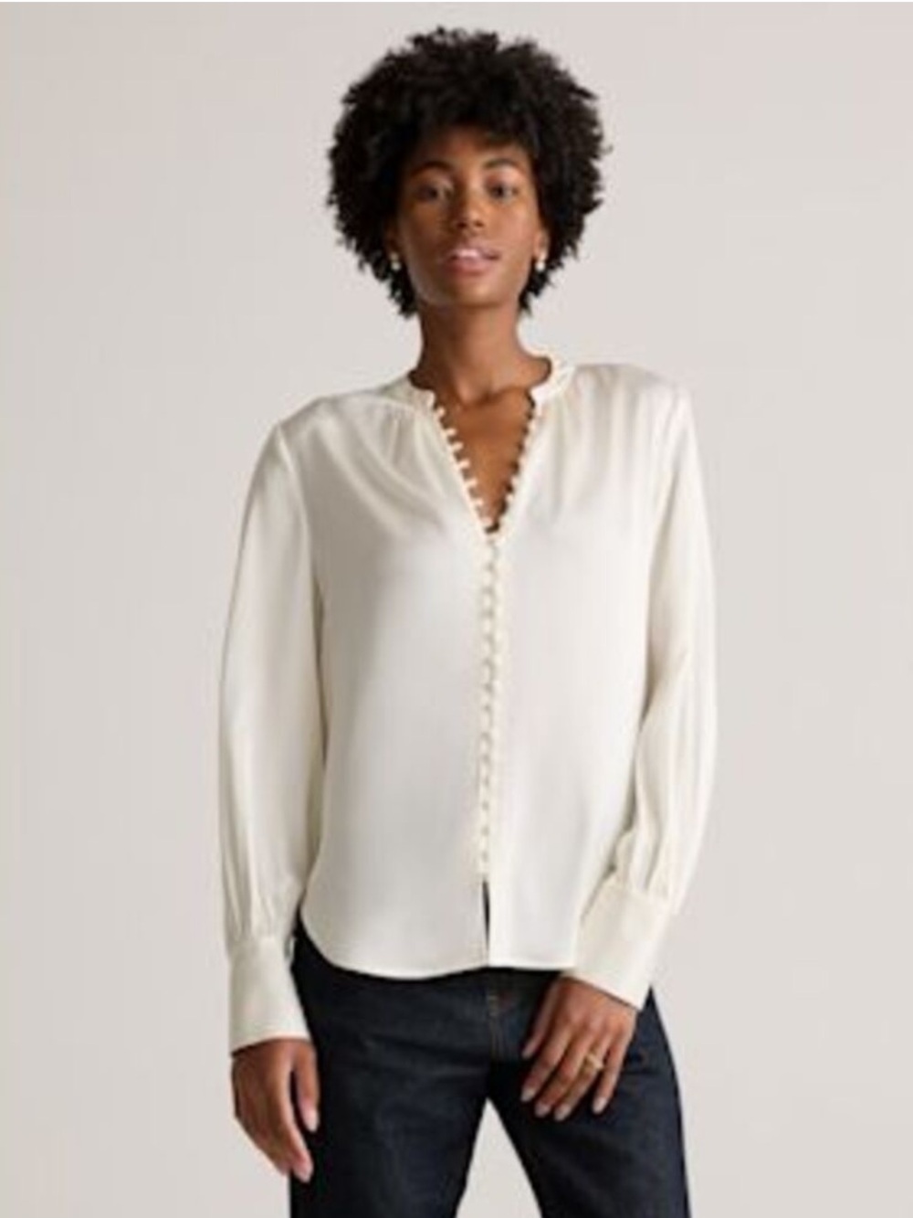Quince Women Washable Stretch Silk Peasant Blouse Ivory L